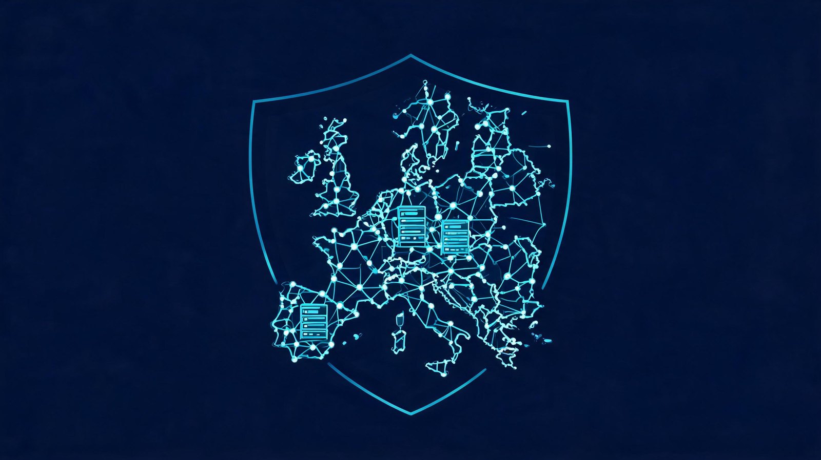 Una mappa dell'Europa formata da nodi luminosi collegati a server: la sovranità digitale europea