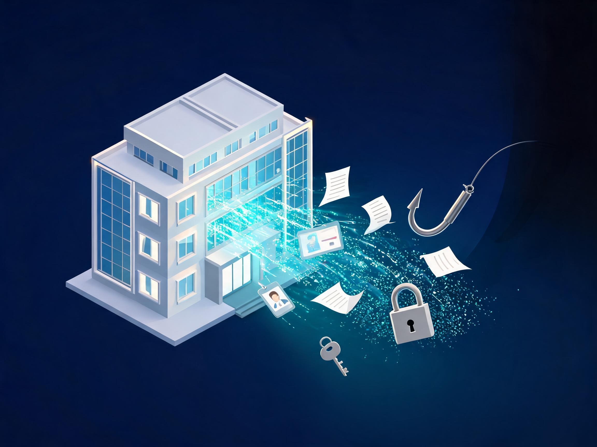 Rappresentazione isometrica dei rischi digitali: dati e documenti aziendali che fuoriescono da un edificio, un lucchetto aperto e un amo da phishing che si avvicina